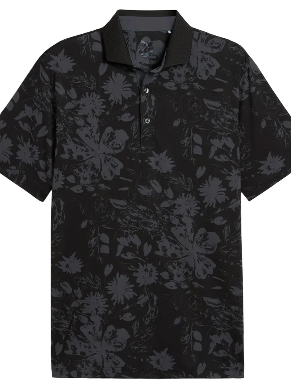 Puma MATTR Black Rose Polo. Short-Sleeve with A Black and Gray Floral Print.
